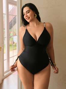 Swim Chiccia Traje de baño de una pieza talla grande para mujer, estilo triángulo con correa de metal con trébol, diseño con lazo lateral fruncido, estilo vacacional - Negro - Ver 3