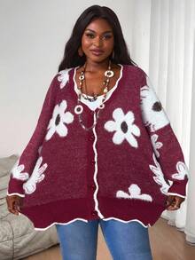SHEIN CURVE+ 大码女式3D立体花卉针织开衫，秋季套装，秋季上衣，冬季针织开衫/秋冬 - 中紫紅色 - 查看 6