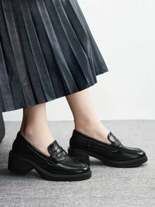 CUCCOO BIZCHIC 1双女士套脚圆头粗跟乐福鞋，黑色，PU材质，适合派对、日常穿着、晚礼服，增高显腿长 - 黑色 - 查看 5
