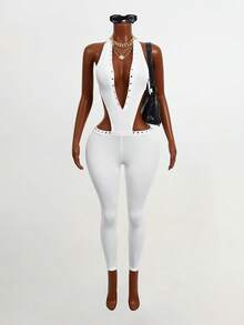 Mistrie Bộ đồ liền thân hở lưng gợi cảm cổ chữ V sâu và quần bó cạp thấp dành cho nữ - trắng - Xem 4