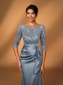 Serin 优雅奢华的刺绣亮片蕾丝缎面薄纱长袖鱼尾开衩连衣裙，适合婚礼、派对、度假、盛大晚宴、晚间活动、新娘母亲、情人节等场合。 - 灰色 - 查看 6