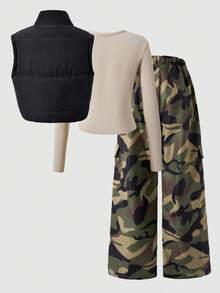 SHEIN ChillGRL 3 件套女孩街头休闲背心、长袖上衣和迷彩裤套装，适合日常穿着 - 彩色 - 查看 2