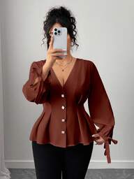 Elenzga Plus Size Women's Solid Color Elegant Waist Gathered Hem Shirt With Light Color Button Design