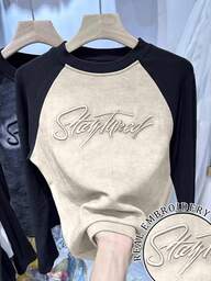 INAWLY 女式常规款撞色黑白文字刺绣 T 恤