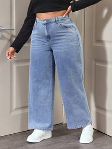 SHEIN ICON 大码休闲日常水洗斜插口袋直筒牛仔裤 - 淺色水洗藍 - 查看 1