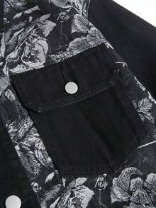 Chillumni Men's Black Autumn/Winter Washed  Loose Fit Jacquard Print Patchwork Black Rose Graphic Denim Jacket - Black - View 4