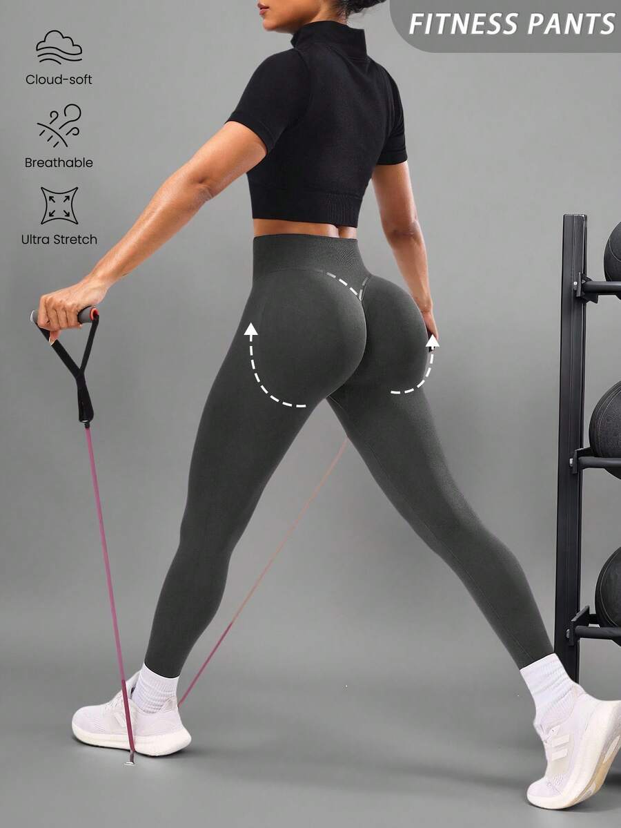 Easithlete Leggings de yoga sin costuras de unicolor, pantalones deportivos de cintura alta para fitness, running y entrenamiento, con cintura ancha para ropa deportiva de mujer - Gris - Ver 1