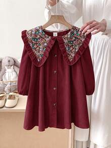 LMoss Kids Young Girl Woven Solid Color Patchwork Ditsy Floral Peter Pan Collar Casual Dress - Burgundy - View 2