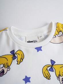 Nick 90s | SHEIN 少女卡通图案白色可爱休闲舒适长袖T恤和打底裤睡衣套装