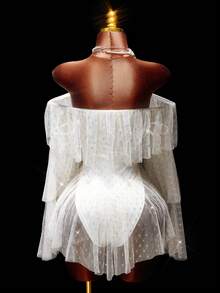 Amplova Váy ngắn hở vai in họa tiết chấm bi lấp lánh tay dài gợi cảm cho nữ, thời trang dự tiệc - Nhiều màu - Xem 2