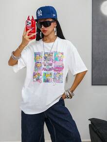 Nick 90s | SHEIN Women's Cartoon Figure Graphic Casual Round Neck Short Sleeve T-Shirt - White - View 8