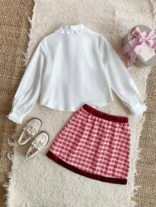 PrepCrw Conjunto de 2 piezas de blusa de manga larga con cuello blanco y decoración de lazo, y falda mini de pata de gallo roja para niñas preadolescentes, adecuado para salidas casuales, reuniones, vacaciones, fiestas, otoño/invierno, Navidad - Multicolor - Ver 4
