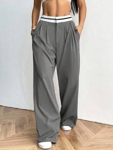 SHEIN EZwear Plus Size Summer Color Block Pocket Casual Wide Leg Pant Graduation,Back To School,Teacher In Fall/Winter - Grey - View 1