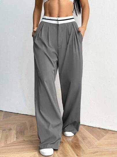 SHEIN EZwear Plus Size Summer Color Block Pocket Casual Wide Leg Pant Graduation,Back To School,Teacher Outfits For Women Wide Leg Pants High Waisted Pants In Fall/Winter