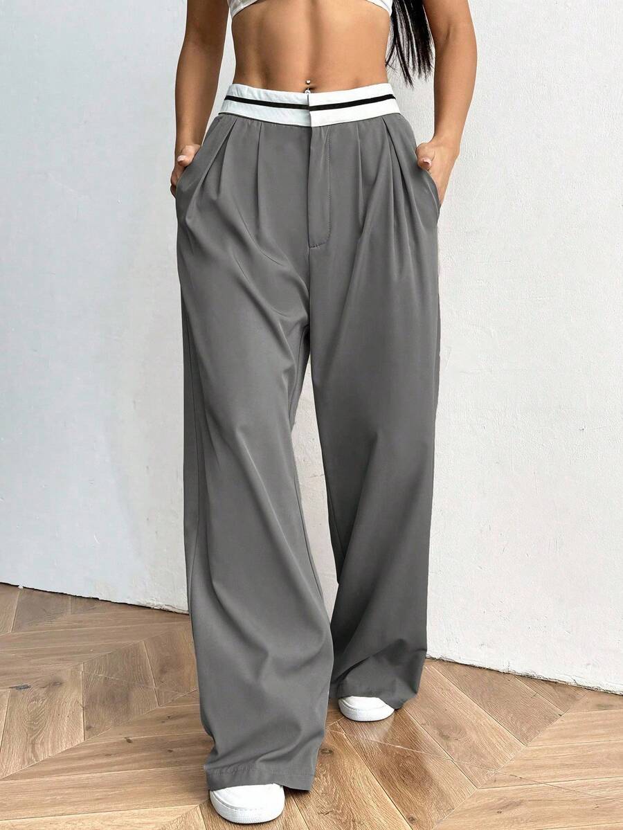 SHEIN EZwear Plus Size Summer Color Block Pocket Casual Wide Leg Pant Graduation,Back To School,Teacher In Fall/Winter - Grey - View 1