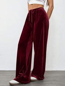 SHEIN EZwear 女式复古休闲宽松阔腿天鹅绒裤，酒红色，秋冬 - 酒紅色 - 查看 4