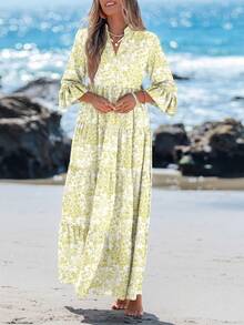 Sylviya Robe longue à manches longues plissée à col V avec motif floral casual, convenant pour les robes bohèmes d'été et d'automne pour femmes