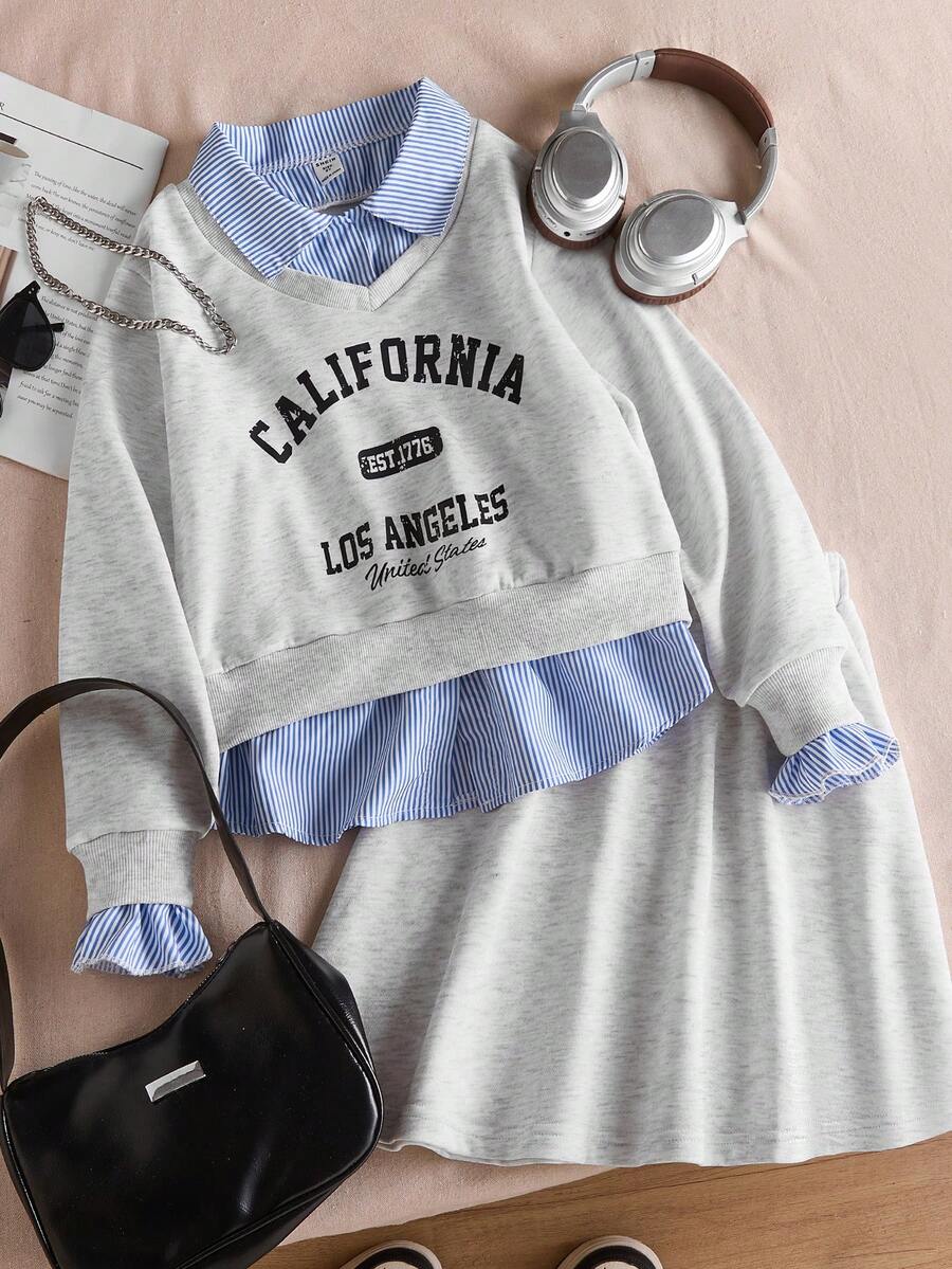 2pcs Tween Girl Casual Letter Graphic Long Sleeve T-Shirt And Solid Color Skirt Set, Fashion For Spring/Autumn - Light Grey - View 1