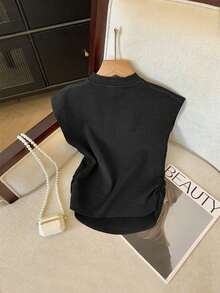 SHEIN Clasi 女士中国风3D花朵镂空领T恤，夏季 - 黑色 - 查看 2