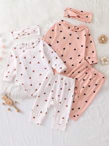Newborn Baby Pajamas-3 Piece Pajama Set Heart Print Ruffle Kimono Long Sleeve Bodysuit And Pants Set With Headband Pink White Round Neck Long Sleeve Optional Dress Four Seasons Holiday 2026 New Year Gentle Breathable Cozy Gift Essentials - Multicolor - View 2