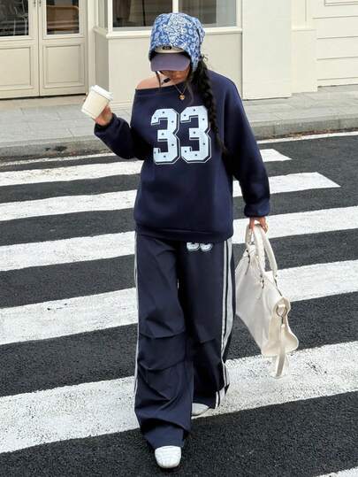 SHEIN ChillGRL 2件套少女不对称肩部印花长袖运动衫和拼色印花慢跑裤套装