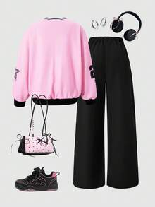 SHEIN ChillGRL 2件套青少年女孩V领字母印花连帽衫运动衫和工装裤休闲装 - 粉色 - 查看 2