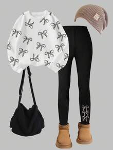 SHEIN ChillGRL 少女运动套装，秋冬新款，白色数码印花运动衫配黑色蝴蝶结，黑色紧身裤，舒适合身，秋季服装 - 白色 - 查看 3