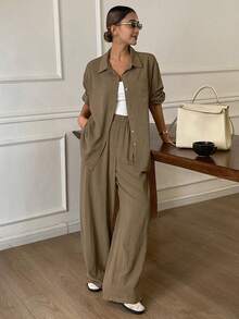 女士两件套：纯色宽松翻领长袖衬衫和直筒裤，休闲优雅，秋冬女士家居服套装 - 棕色 - 查看 6