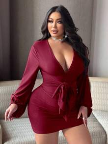NU&NOW Plus Size Women's Red Pleated Tie-Waist Lantern Sleeve New Year/Valentine's Day Dress - Burgundy - View 4