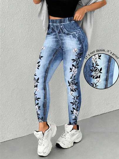INAWLY Plus Size Casual Loose Jeans Pattern Printed Leggings, Comfortable Autumn/Winter Underpants