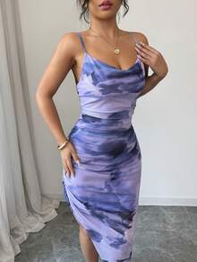 Zolique Women's Luxury Evening Dress, Tie-Dye Print Draped Neckline, Backless Spaghetti Strap Dress, Suitable For Summer - Mauve Purple - View 5