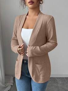 SHEIN PETITE 女士休闲罗纹磨毛开襟侧袋短款轻薄外套开衫 女式开衫 薄款开衫 女式针织开衫 女式开衫