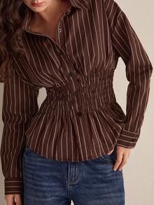 Easelle 棕色条纹梭织女式褶皱长袖落肩时尚纽扣前襟衬衫 - 棕色 - 查看 1