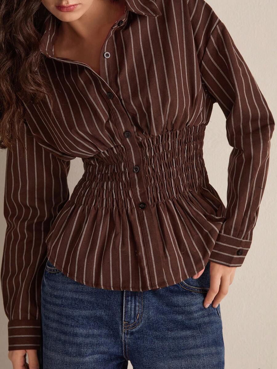 Easelle 棕色条纹梭织女式褶皱长袖落肩时尚纽扣前襟衬衫 - 棕色 - 查看 1