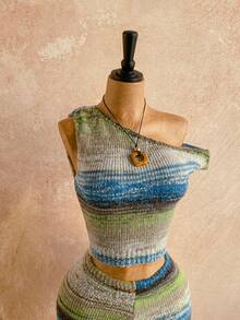 Soleia 2 Stücke/Set aus Neckholder-Crop-Top und Shorts aus Ombre-Strickgarn, geeignet für Nachmittagstee, Strand, Meer und andere Urlaubsanlässe. Zweiteiliges Strickset, zweiteiliges Sommerset, Sommer-Loungeset, gestreiftes zweiteiliges Set, kurzes Strickset