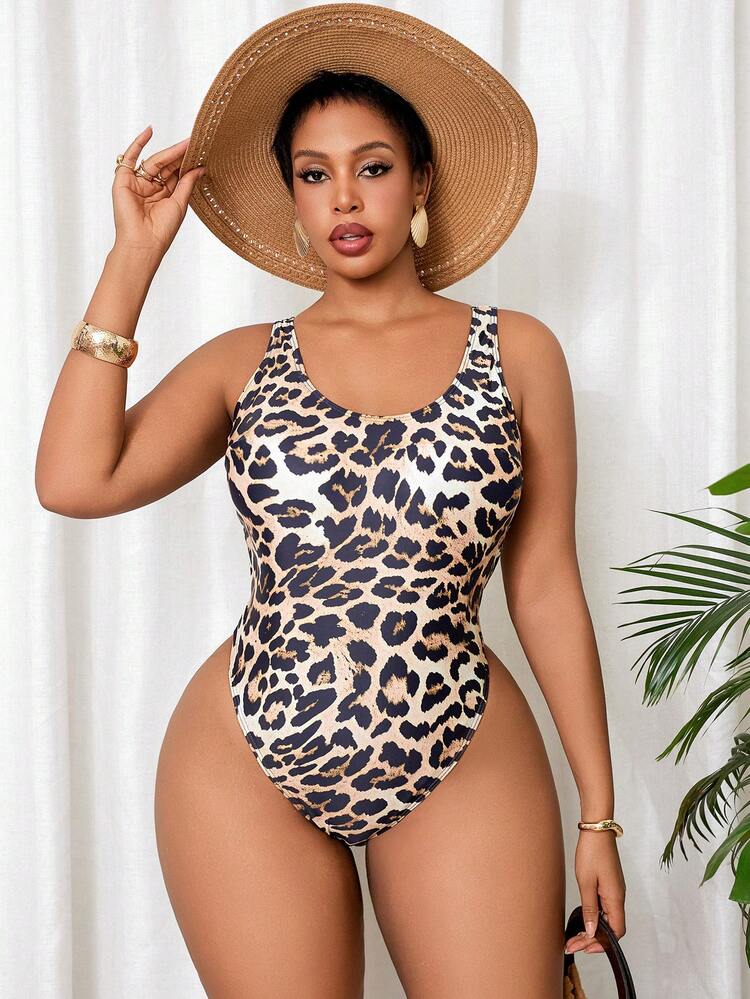 Slaydiva 2026 Summer Women's Leopard Print Backless Sexy One-Piece Swimsuit, Plus Size Tummy Control One-Piece Swimsuit, Suitable For Vacation, Beach, Summer - Multicolor - View 4