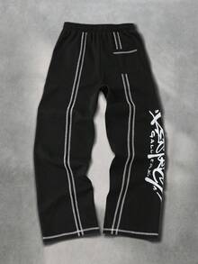 ROMWE MEN Street Life Men's Contrast Stitching Line & Letter Print Patchwork Sweatpants - Black - View 2