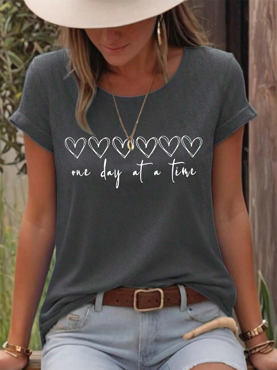 EMERY ROSE Heart & Letter Slogan Round Neck Short Sleeve Fashionable Women T-Shirt - Dark Grey - View 1