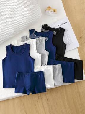 10 قطعة/مجموعة من القطن الأساسي للبنين الصغار، سترة داخلية، سراويل داخلية وسراويل داخلية قصيرة، بتصميم رياضي وكلاسيكي بسيط