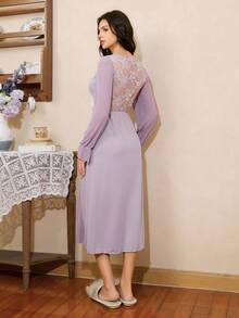 Côtesoire French Elegant Soft Contrast Lace Satin Ladies' Nightgown,Long Sleeve Purple Night Gown For Women,Autumn Winter Evening Sleep Loungewear - Purple - View 2