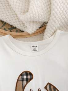 SHEIN 男婴休闲宽松圆领可爱卡通小狗印花长袖针织卫衣+宽松格子裤两件套，秋冬款 - 黑色 - 查看 4