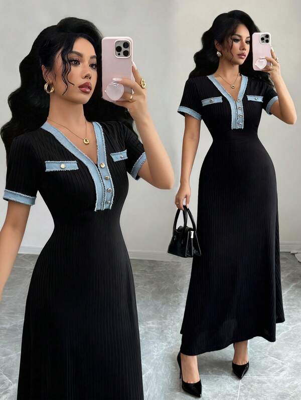 Rafferiza Women's Elegant V-Neck Black Knit Fabric Patchwork Denim Lace Trim Long Sleeve Dress