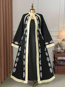 SHEIN Clasi 大码女式优雅度假风印花高领喇叭袖修身连衣裙（忧郁气质）（周三美学） - 彩色 - 查看 7