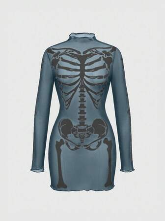Gothic Skeleton Flocked Sexy Sheer Mini Dress For Women
