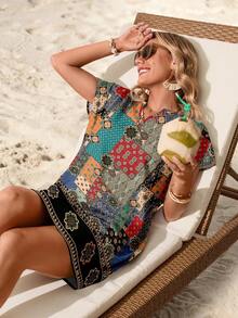 Sylviya 女士休闲V领复古印花梭织短裙，适合春夏穿着，波西米亚风女装，时尚连衣裙，度假必备 - 彩色 - 查看 4