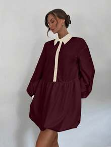 SHEIN Essnce Váy sơ mi mini xếp ly hoa cho nữ tay dài, cổ cài nút, váy ngắn xếp nếp màu trắng - Màu Đỏ Sâu - Xem 3