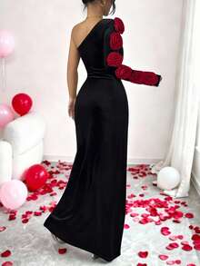 SHEIN Raffinéa Women's Elegant Holiday Dinner Asymmetric 3D Floral One Shoulder Sleeve Velvet Long Dress Gown, Black And Red Autumn Dresses - Multicolor - View 2