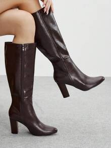 CUCCOO BIZCHIC 1双深棕色真皮高筒靴，优雅复古风格，高筒设计修饰腿型，粗跟兼具美观与稳定性，适合职业女性通勤或正式场合穿着。 - 咖啡棕 - 查看 7