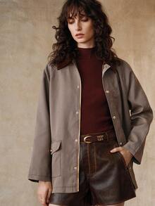 Arave Jaqueta Retrô de Gola Xadrez, Retalhos, Contraste de Cores, Design Elegante e Versátil para Uso Diário - Vinho - Visão 5