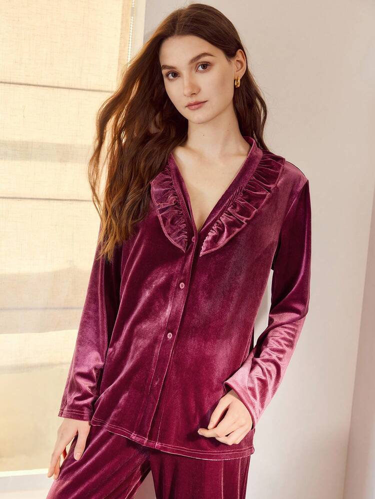 VELVET SOLID V-NECK RUFFLE TRIM TOP & PANTS LOUNGE SET